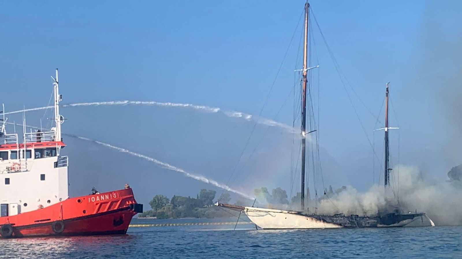 29 metre classic yacht goes up in flames in Corfu